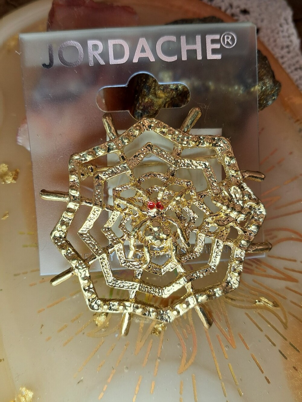 Vintage Jordache NOS Spider Web Brooch w/ Red Enamel Eyes (Goldtone)